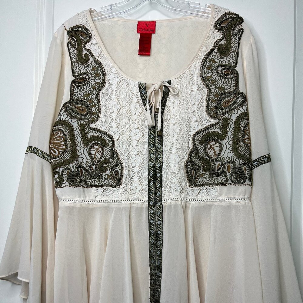 Christina V cream tunic with army green trim size L